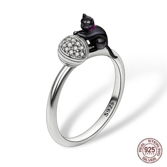 NWT Black Cat With Yarn Ring S925 Sterling Silver Stamped Sz.6 - Picture 4 of 10
